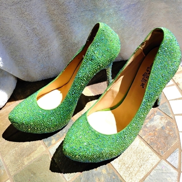 Pleaser Shoes - NEW PLEASERS DAY & NIGHT GREEN CRYSTAL RHINESTONE HIDDEN PLATFORM HEELS SIZE 8